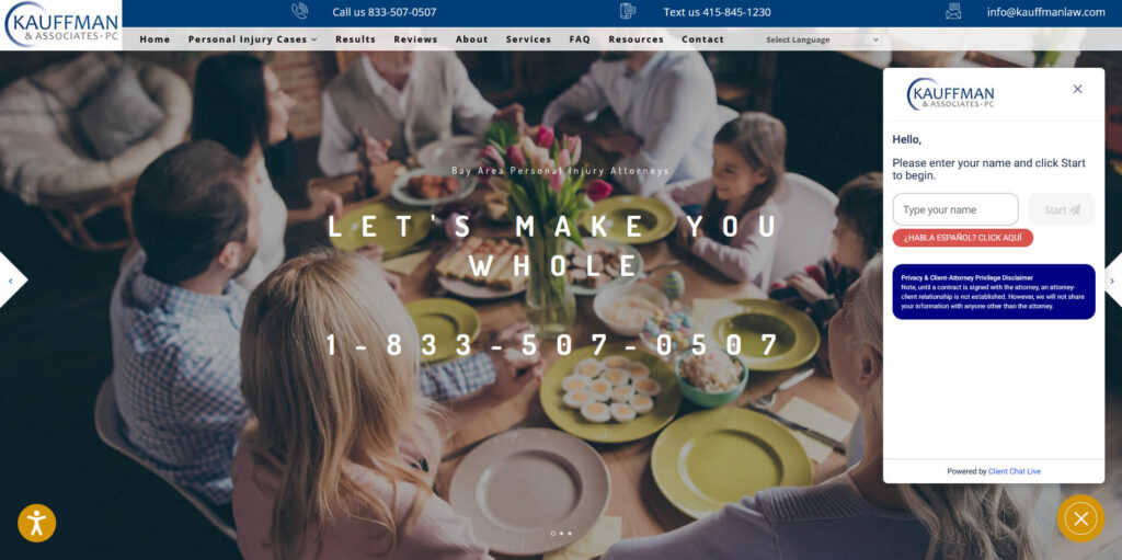 Screenshot of website featuring a pop-up for online chat tool. Main photo is of a family eating dinner together.